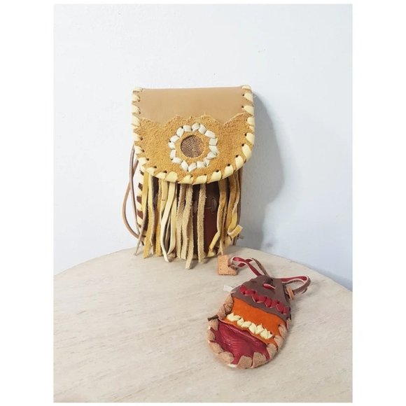 Vintage Leather Fringed Inuit Medicine Bag Set of 2 Bohemian Crossbody Bag - Picture 1 of 11